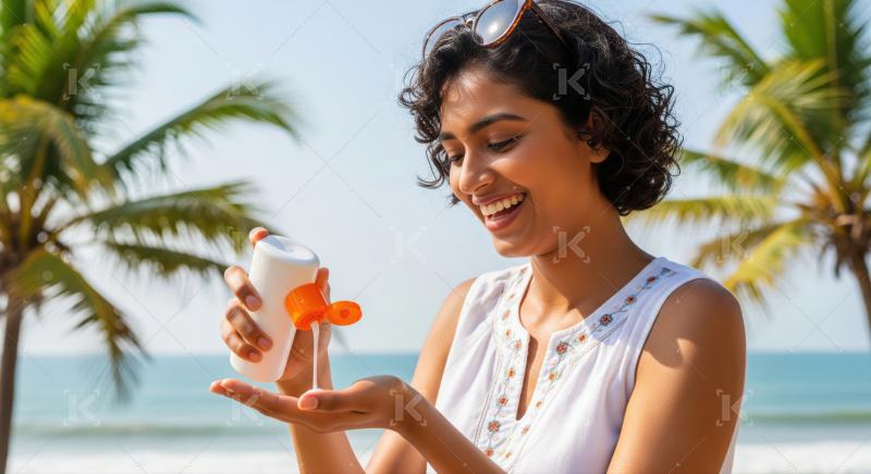 Happy woman applies sun lotion for beach skin protection.