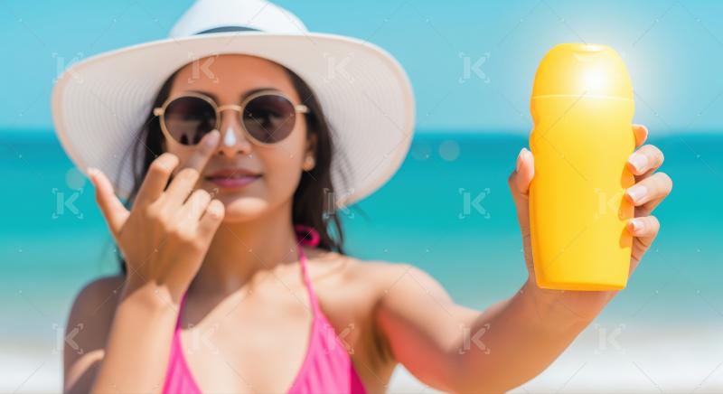 Woman applies sun protection, holding bottle on sunny beach day.