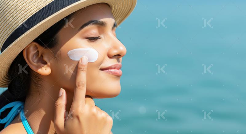 Young woman carefully applies sun protection cream on her face.