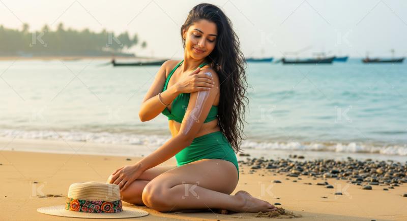Young woman applies sunscreen on beach for sun protection.