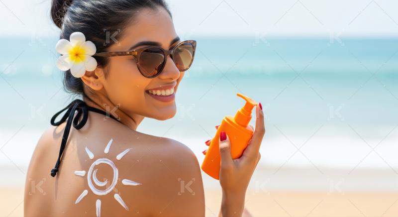 Happy woman enjoying tropical beach, using sunscreen for protection.