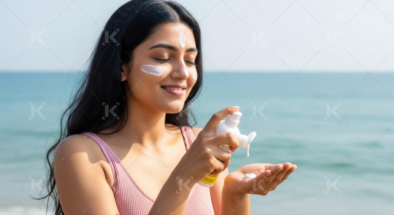 Beautiful young woman applying sunscreen for sun protection at beach.