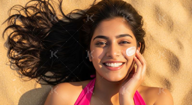 Smiling young woman applies sunscreen for healthy skin protection.