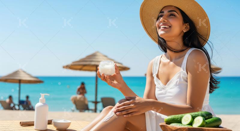 Woman applies natural lotion for healthy, glowing skin on beach.