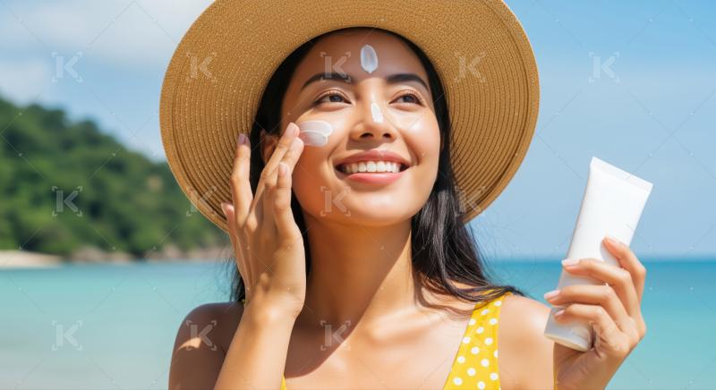 Smiling woman applies sun cream, protecting skin on sunny beach.