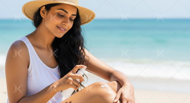Young woman applying sun protection to her leg at beach.
