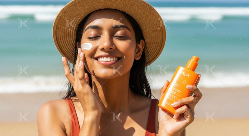 Radiant woman applies sunscreen on her face during beach vacation.