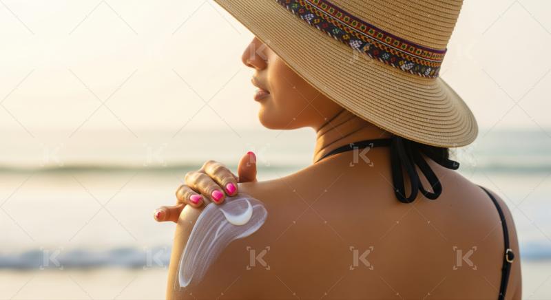 Woman applies sunscreen protecting skin on a sunny beach.