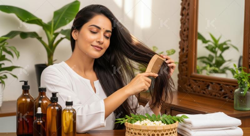 Woman gently combs long, healthy hair with natural traditional products.