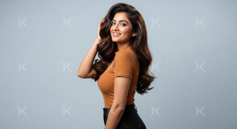 Elegant young Indian woman with beautiful wavy hair smiling confidently.