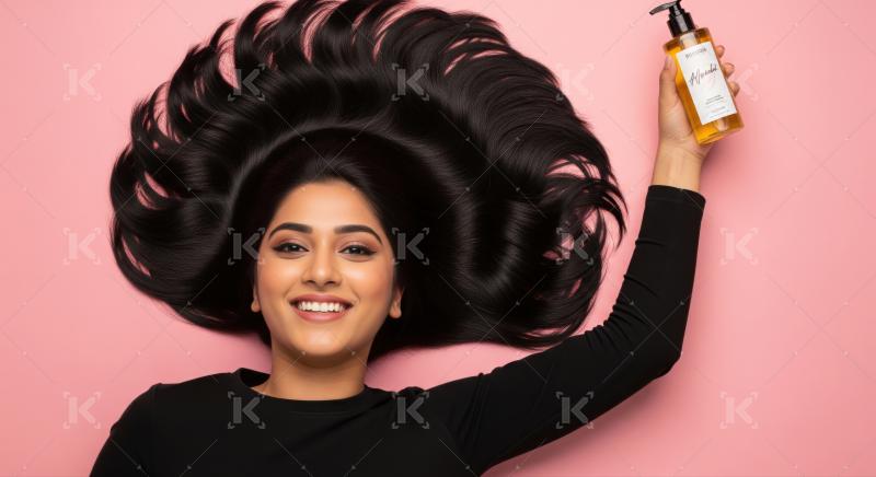 Smiling woman with long, shiny hair holding a hair product.