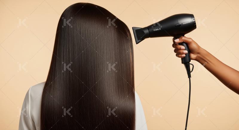 Expert hand drying lustrous, dark brown hair with a dryer.
