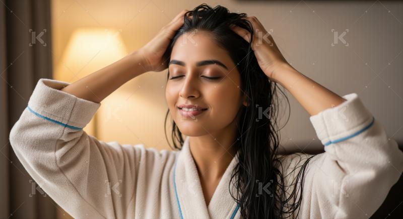 Relaxed Indian woman in bathrobe enjoying her post-shower hair care.