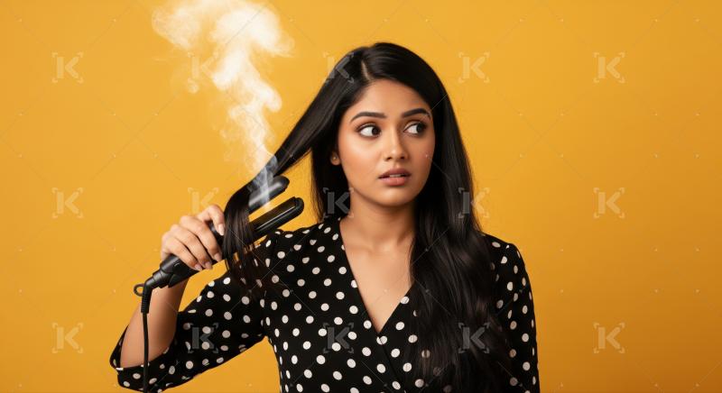 Shocked woman damaging her hair with a hot iron.