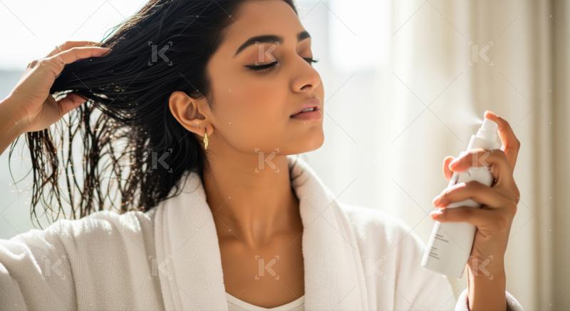 Young woman applying hair product after shower for care.