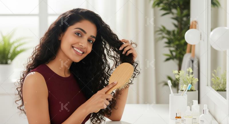 Smiling woman happily brushes her beautiful long, curly hair.