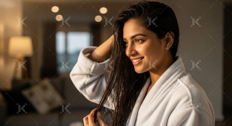A beautiful woman smiles, touching her wet, healthy hair.