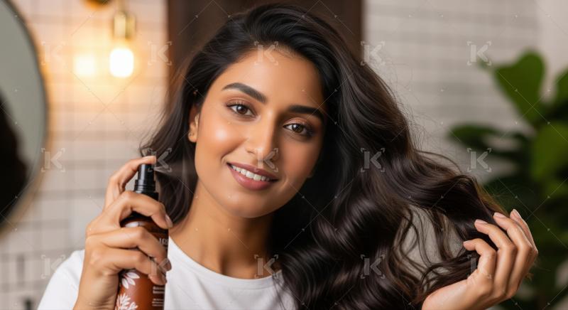 Beautiful woman smiles, applying hair product for luxurious, healthy tresses.