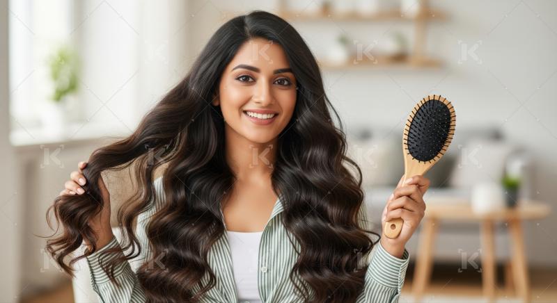 Smiling young woman promotes beautiful, healthy, strong hair with brush.