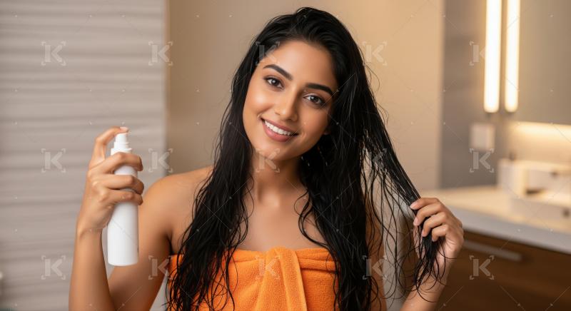 She applies hair treatment to her beautiful wet hair.