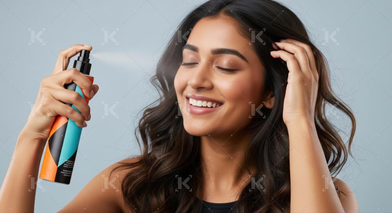 Beautiful woman smiles, enjoying hair care product application.