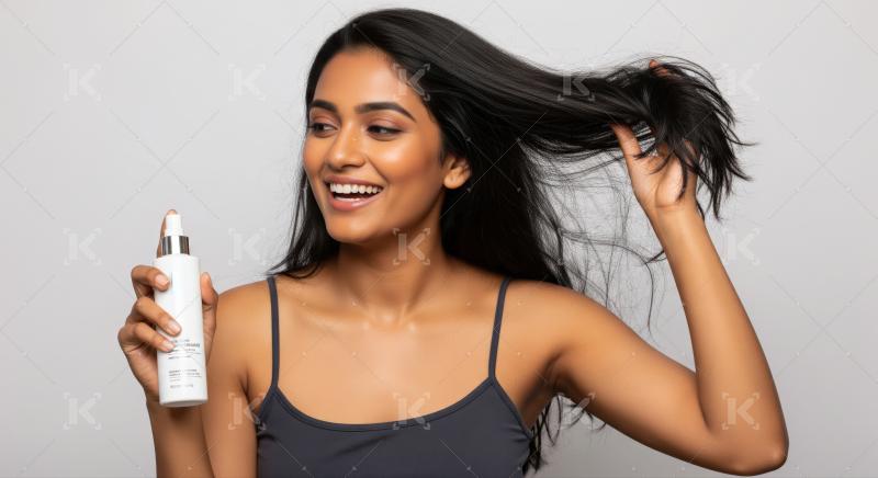 Joyful Indian woman showcasing vibrant, healthy hair with cosmetic spray.