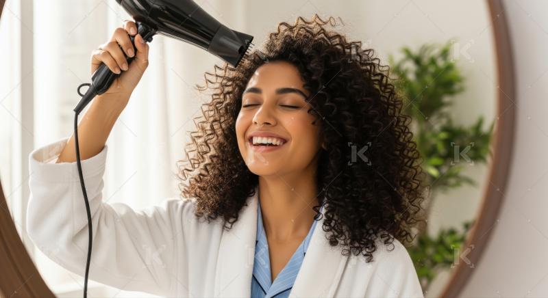 Joyful woman blow-drying her natural curly hair at home.