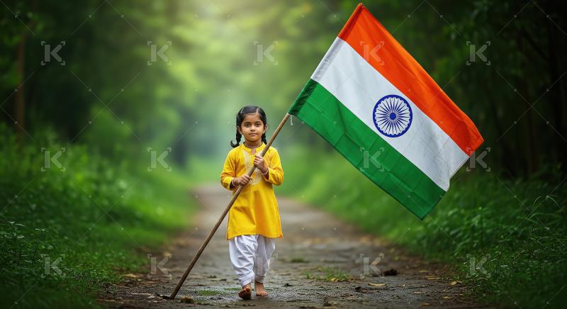 Happy indian little school girl holding indian flag