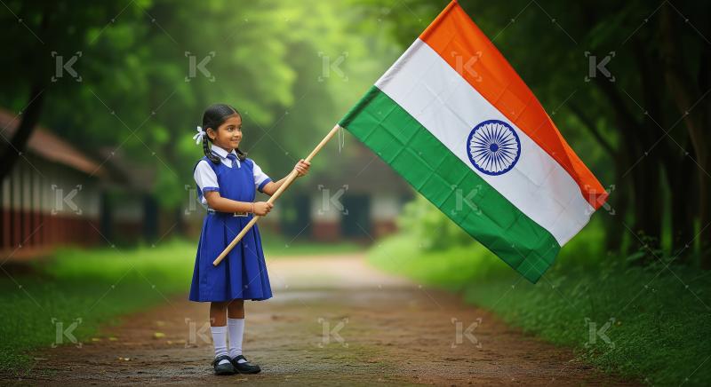 Happy indian little school girl holding indian flag