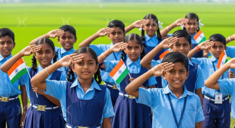 Happy indian school children celebrating republic day