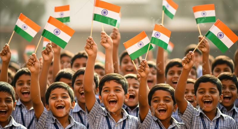 Happy indian school children celebrating republic day