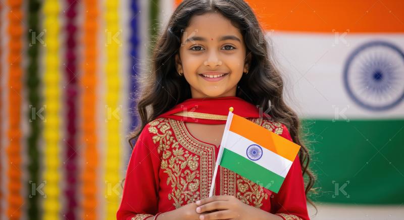 Happy indian little school girl holding indian flag