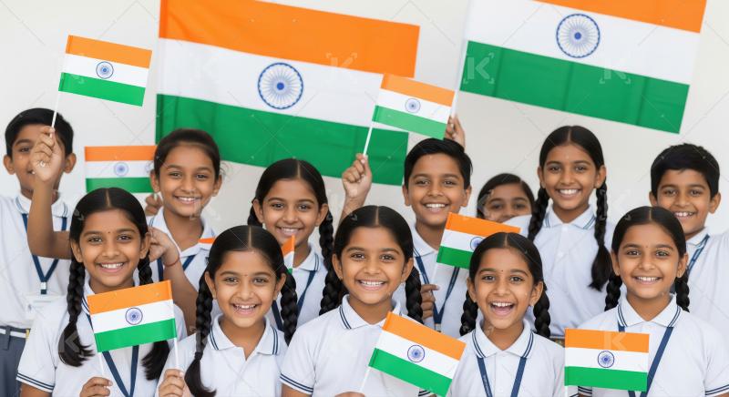 Happy indian school children celebrating republic day