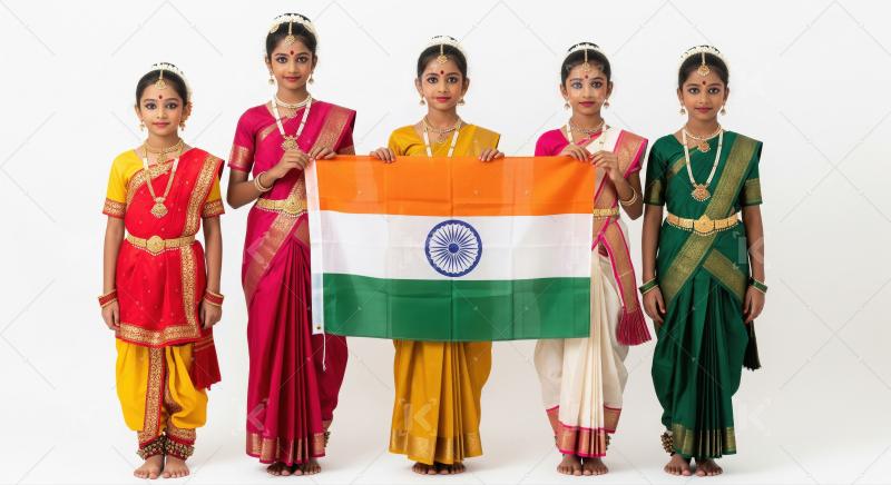 Happy indian little school girl holding indian flag