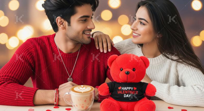 A smiling Indian couple cuddles closely with a red teddy bear we