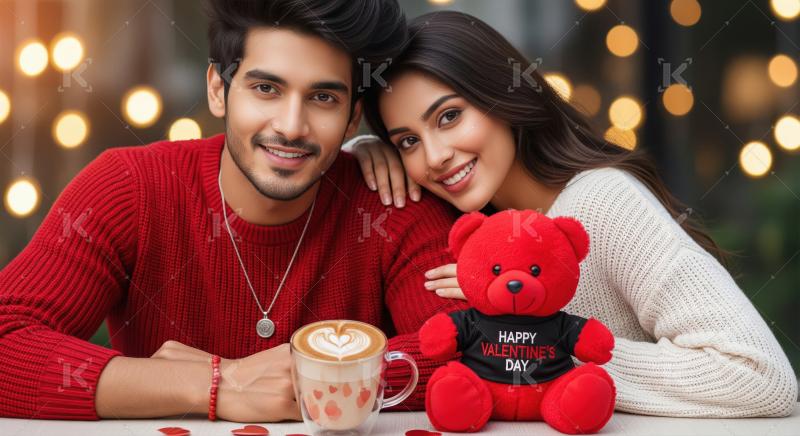 A smiling Indian couple cuddles closely with a red teddy bear we