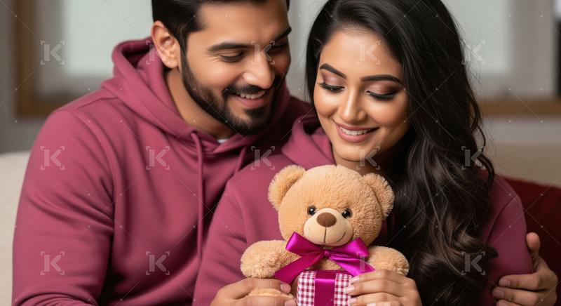 Indian couple in matching magenta hoodies joyfully holds a cute