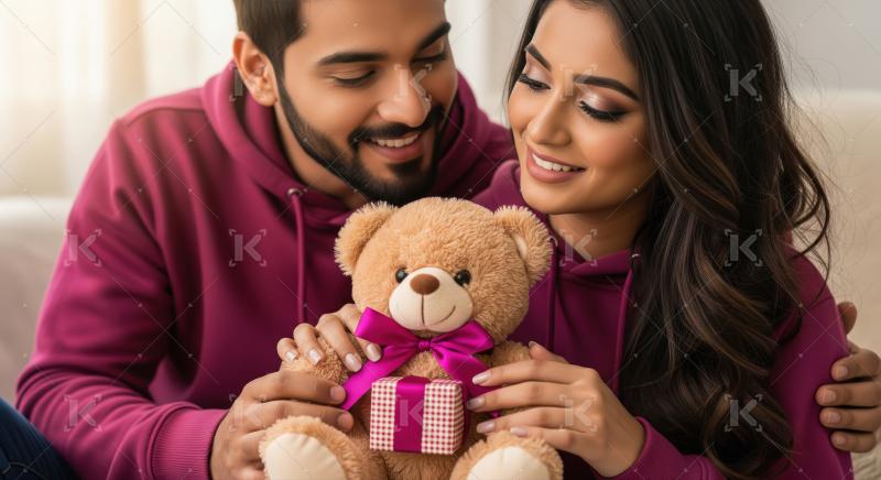 Indian couple in matching magenta hoodies joyfully holds a cute