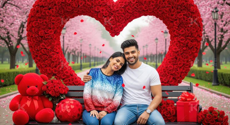 A romantic Indian couple cuddles on a bench surrounded by a mass