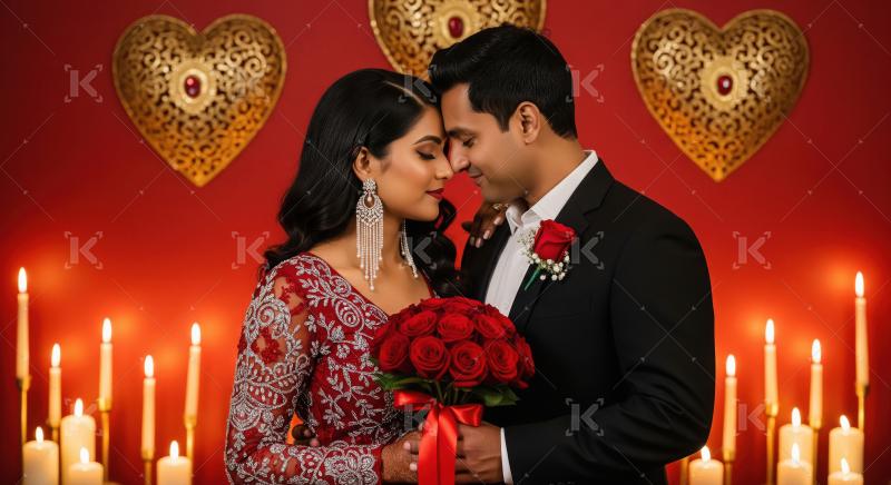 A romantic couple in elegant attire celebrating valentine day