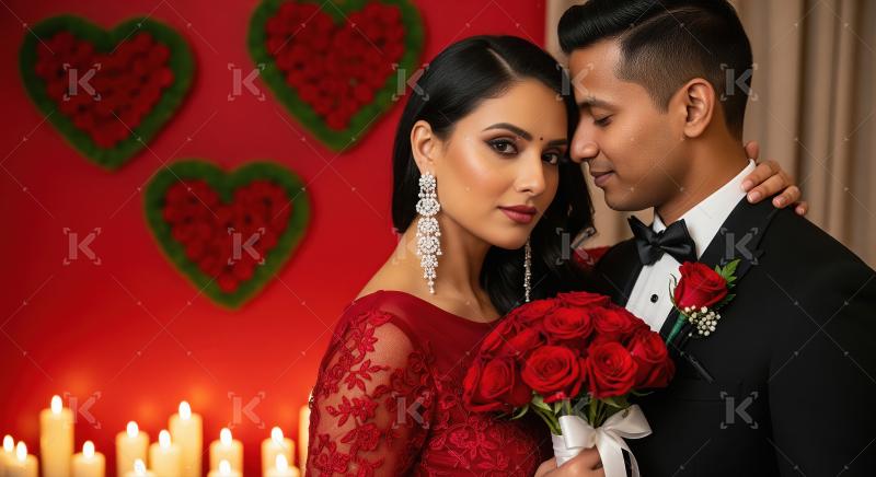 A romantic couple in elegant attire celebrating valentine day