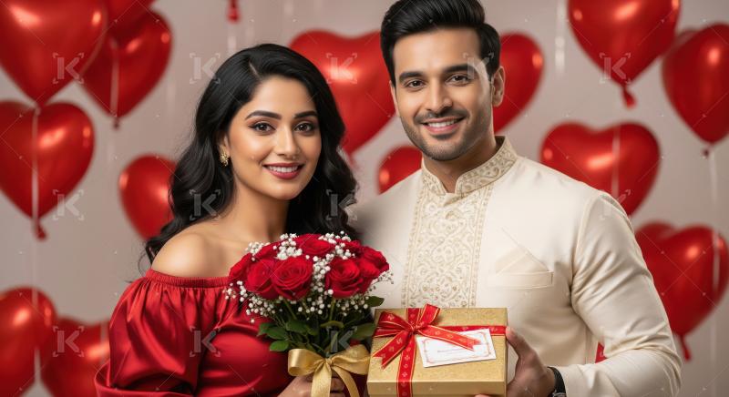 A romantic couple in elegant attire celebrating valentine day