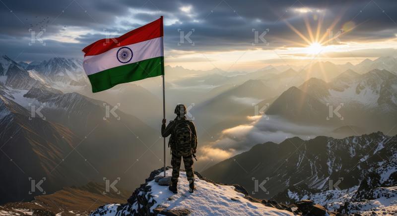 A dramatic silhouette of a man planting the Indian tricolor flag