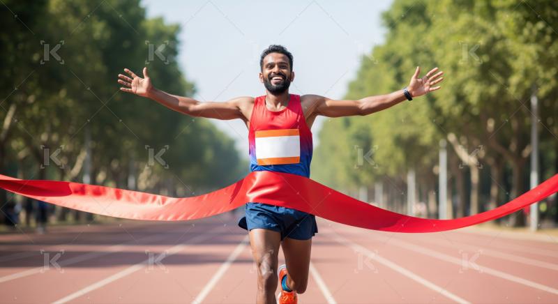 Victorious Runner Breaks Finish Line Tape with Arms Outstretched