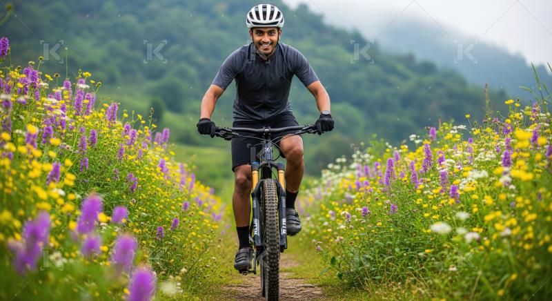 Smiling cyclist enjoying a vibrant, adventurous, blooming mountain trail.