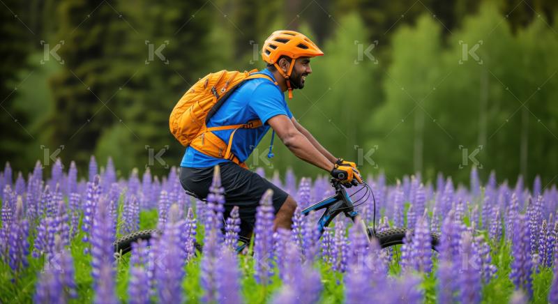 Happy cyclist enjoys an adventurous ride through stunning nature