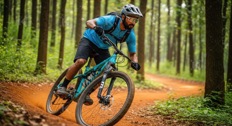 Mountain biker expertly maneuvers turn on a forest dirt trail.