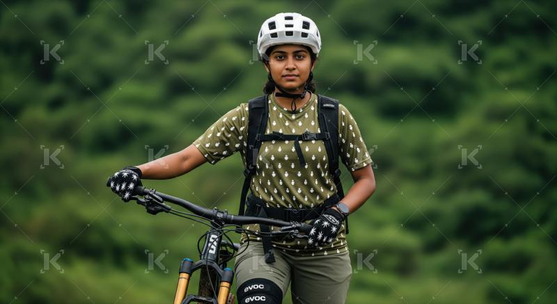 Young woman equipped for an adventurous mountain biking journey outdoors.