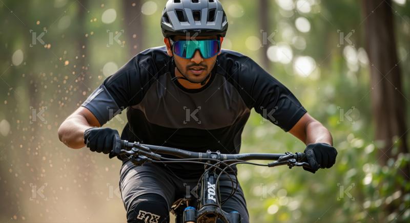 Focused male mountain biker on a thrilling dusty outdoor trail ride.