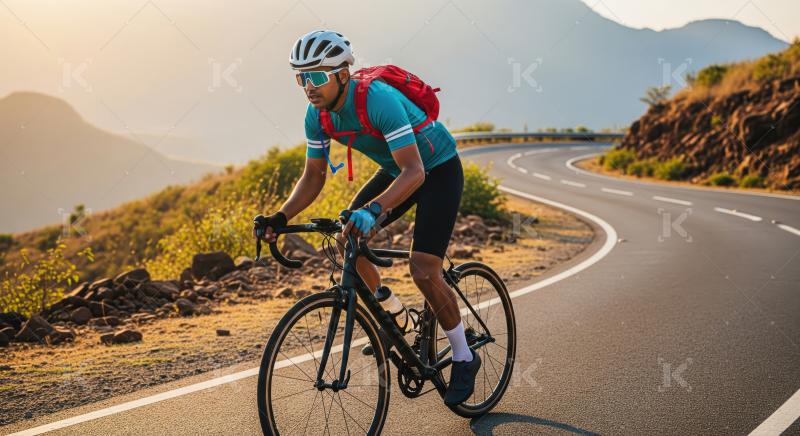 Cyclist enjoys scenic mountain road during beautiful golden hour.